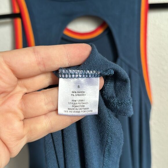 Small, Pink Rose dress, blue, multicolored stripes trim, T-shirt dress - Picture 4 of 8